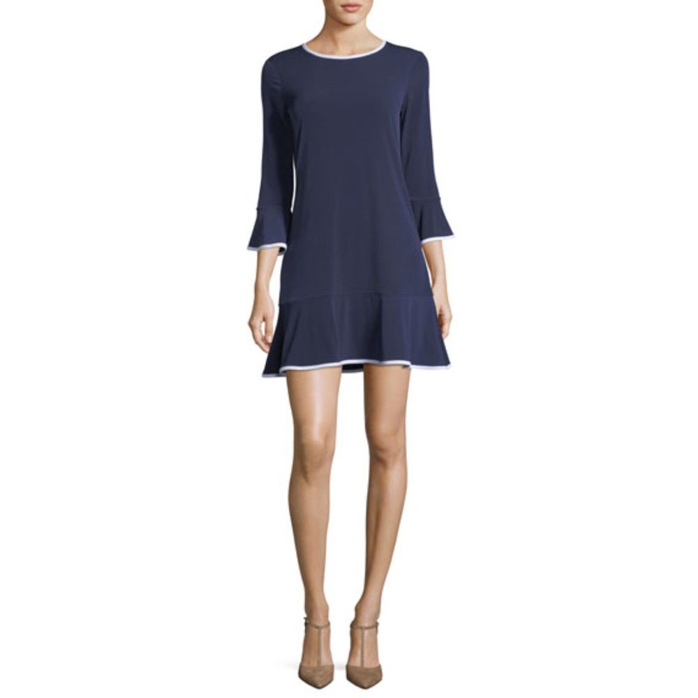 Michael Kors Contrast Trim Drop-Waist Flounce Dress Navy Blue / White Size XL